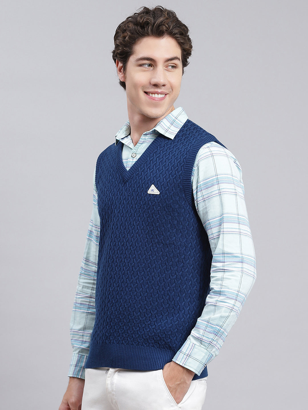 Men Blue Self Design Wool blend Sweater