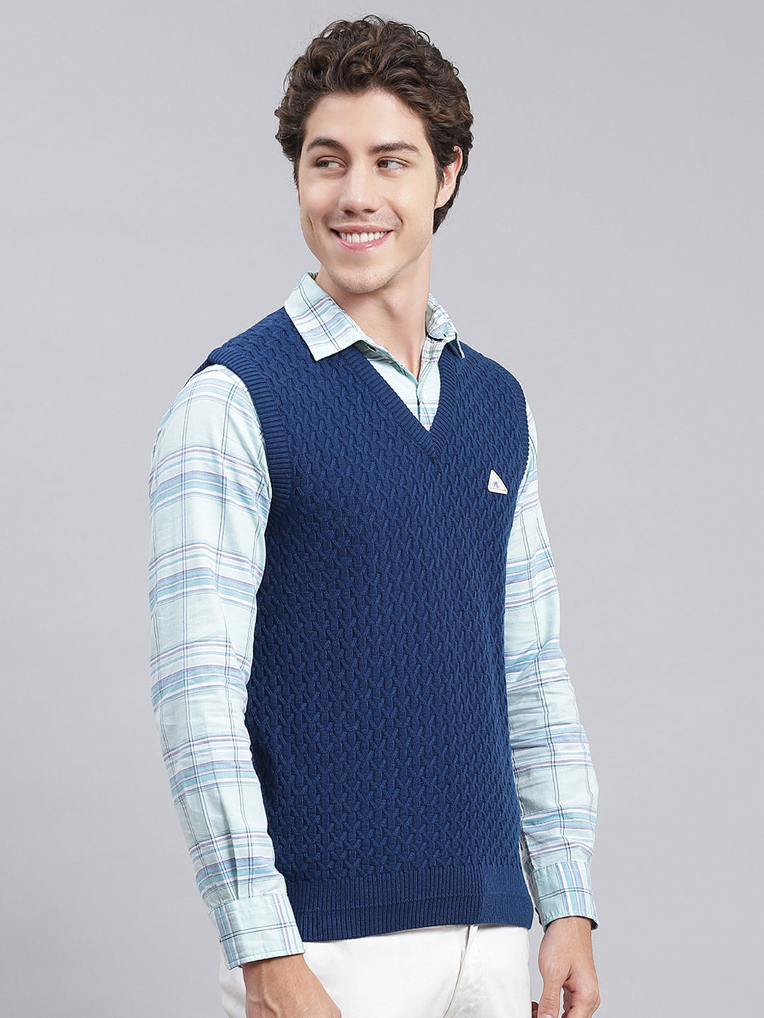 Men Blue Self Design Wool blend Sweater