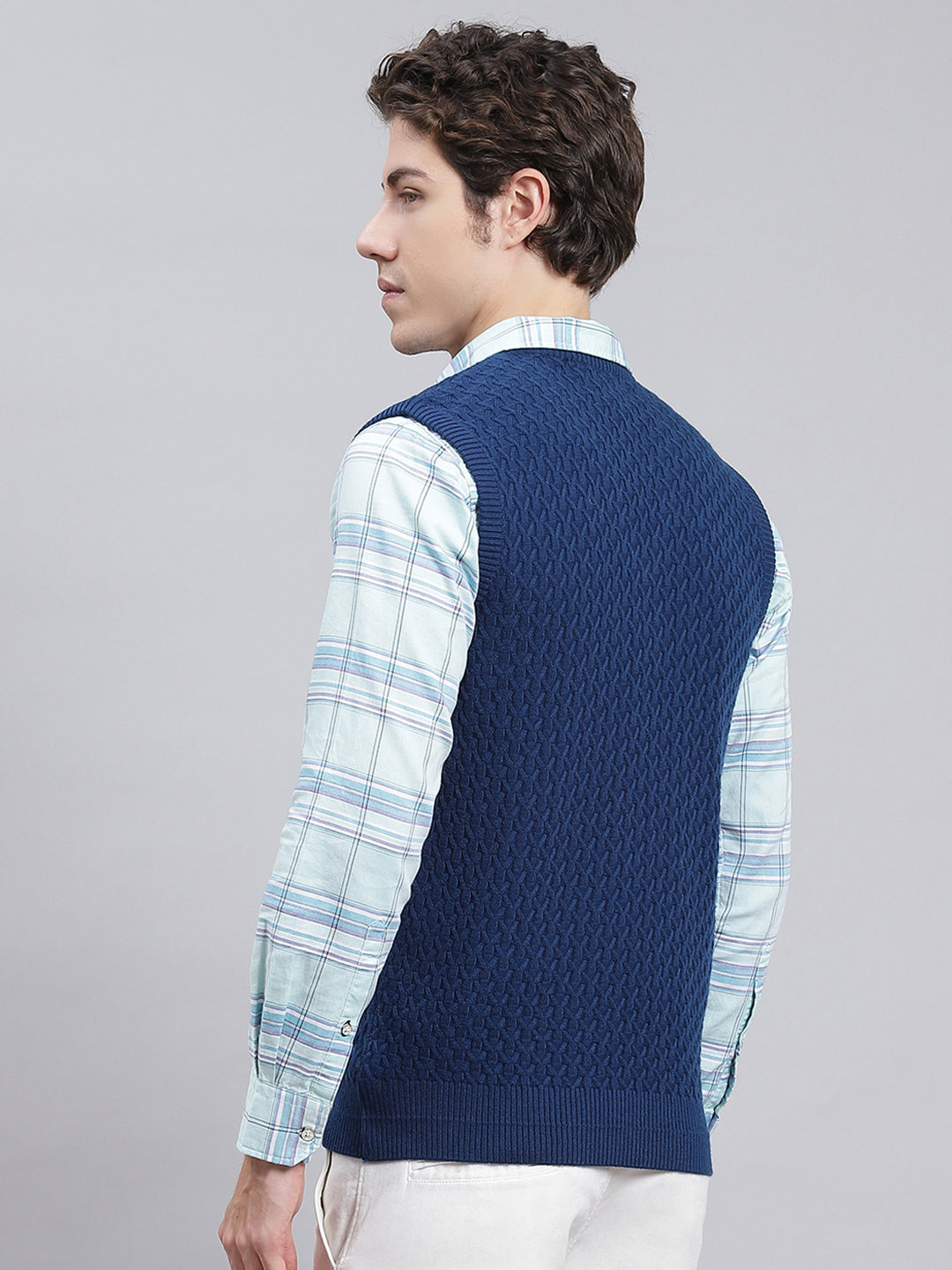 Men Blue Self Design Wool blend Sweater