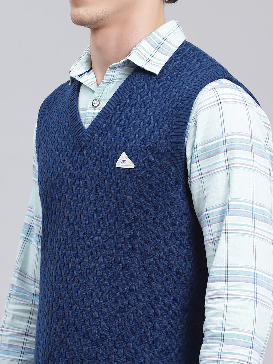 Men Blue Self Design Wool blend Sweater