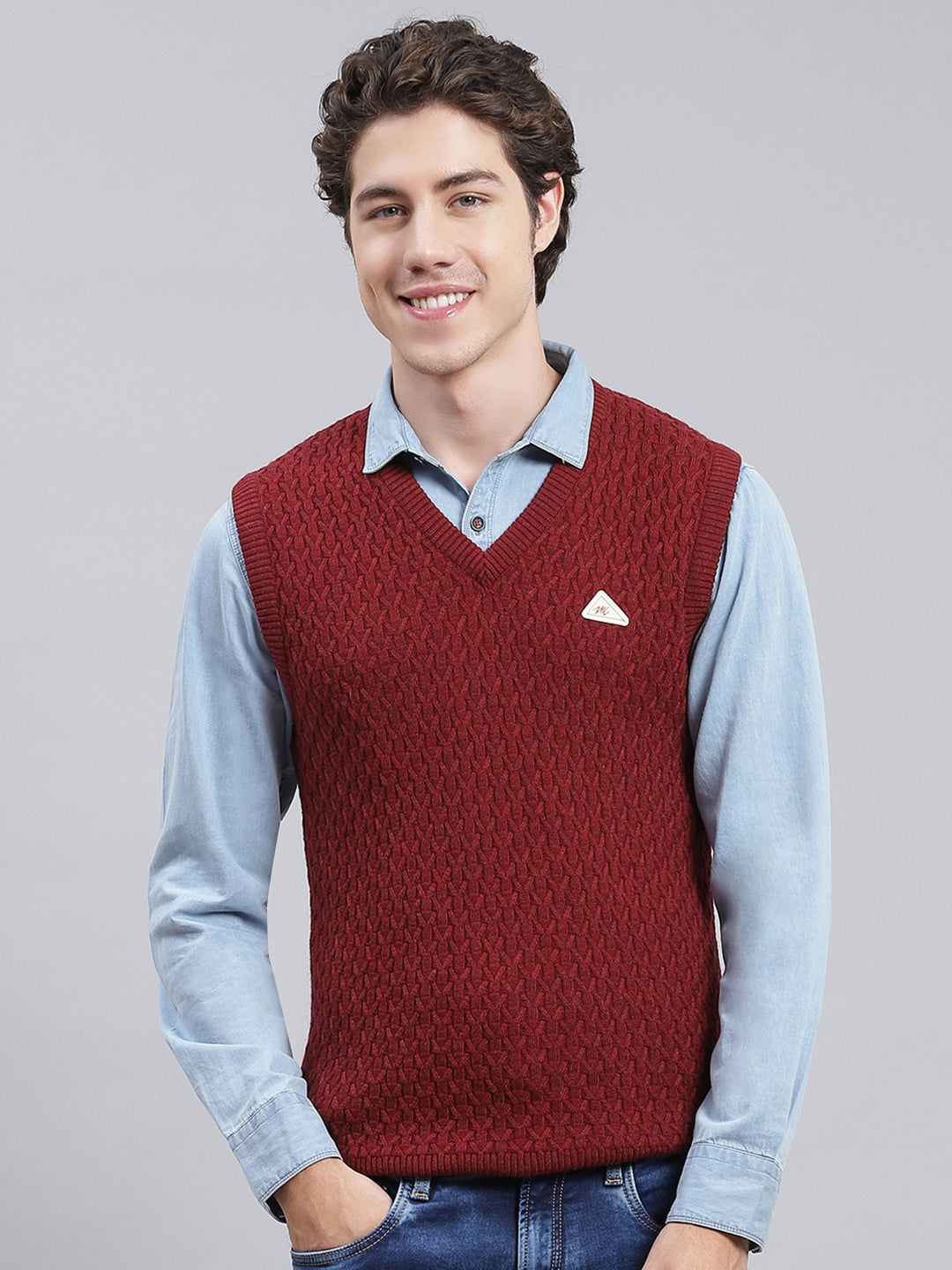 Men Maroon Self Design Wool blend Sweater