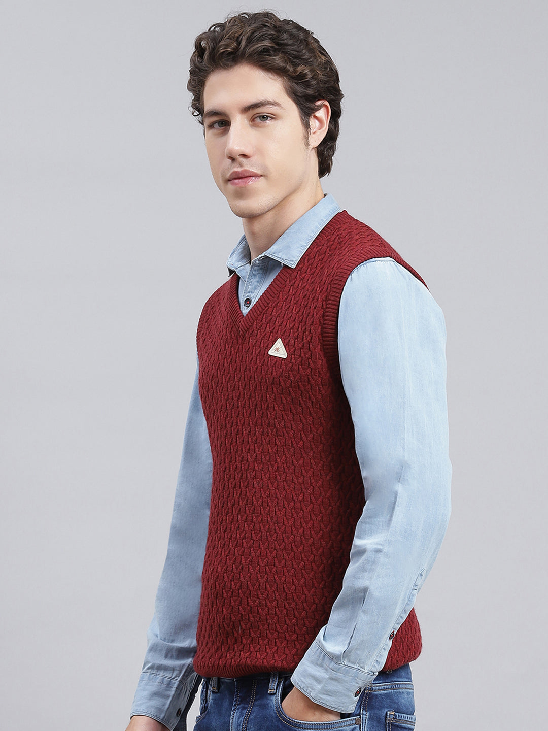 Men Maroon Self Design Wool blend Sweater