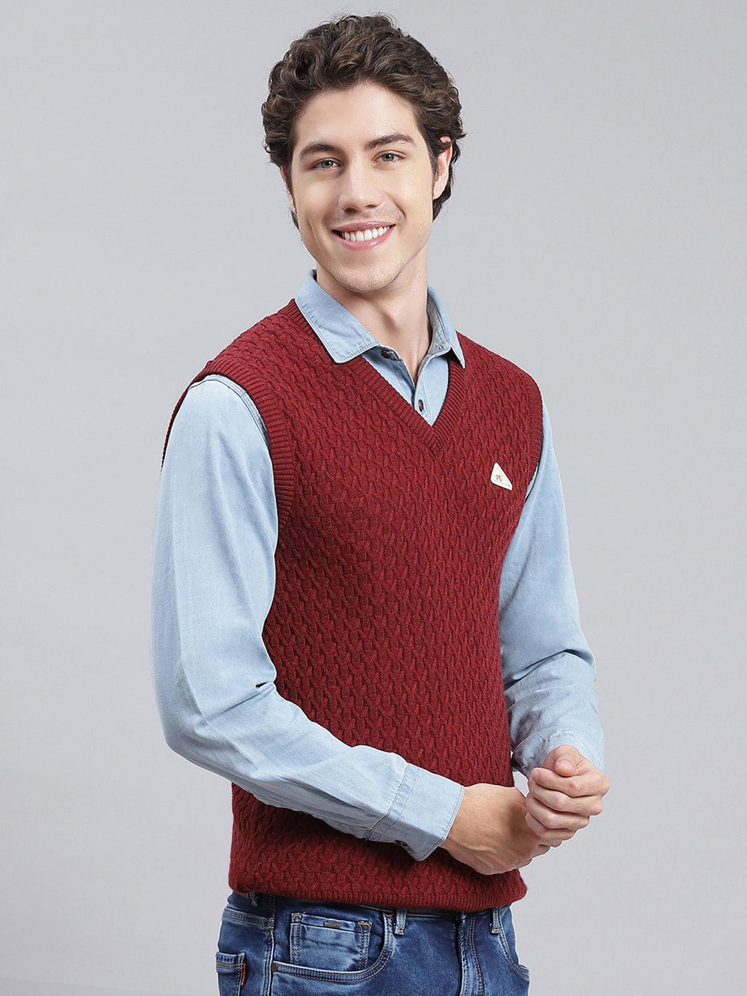 Men Maroon Self Design Wool blend Sweater