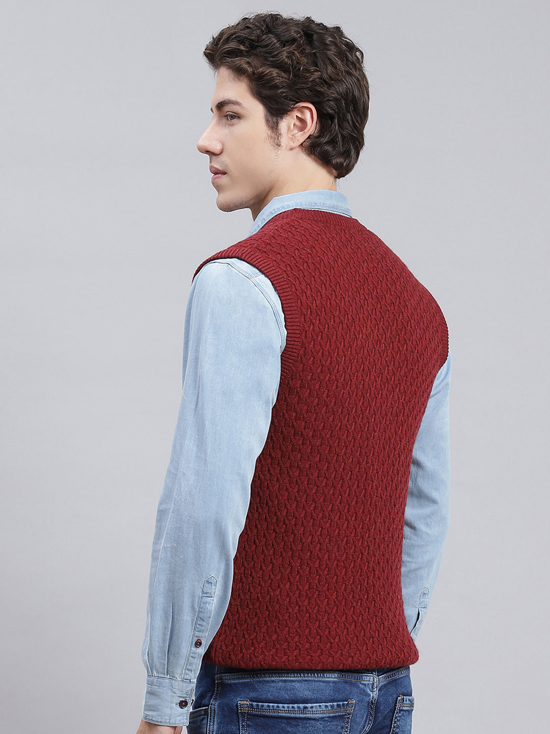 Men Maroon Self Design Wool blend Sweater