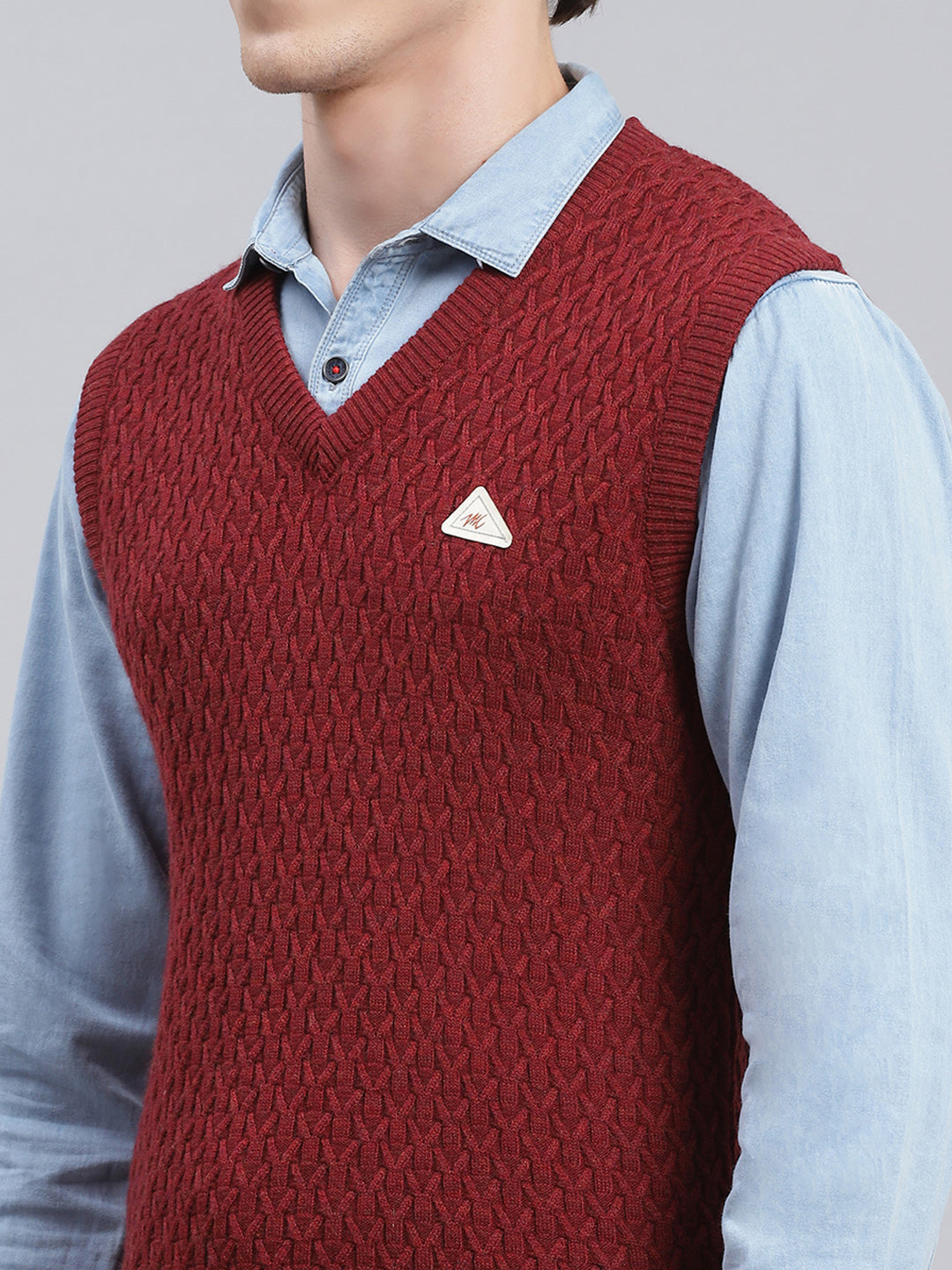 Men Maroon Self Design Wool blend Sweater