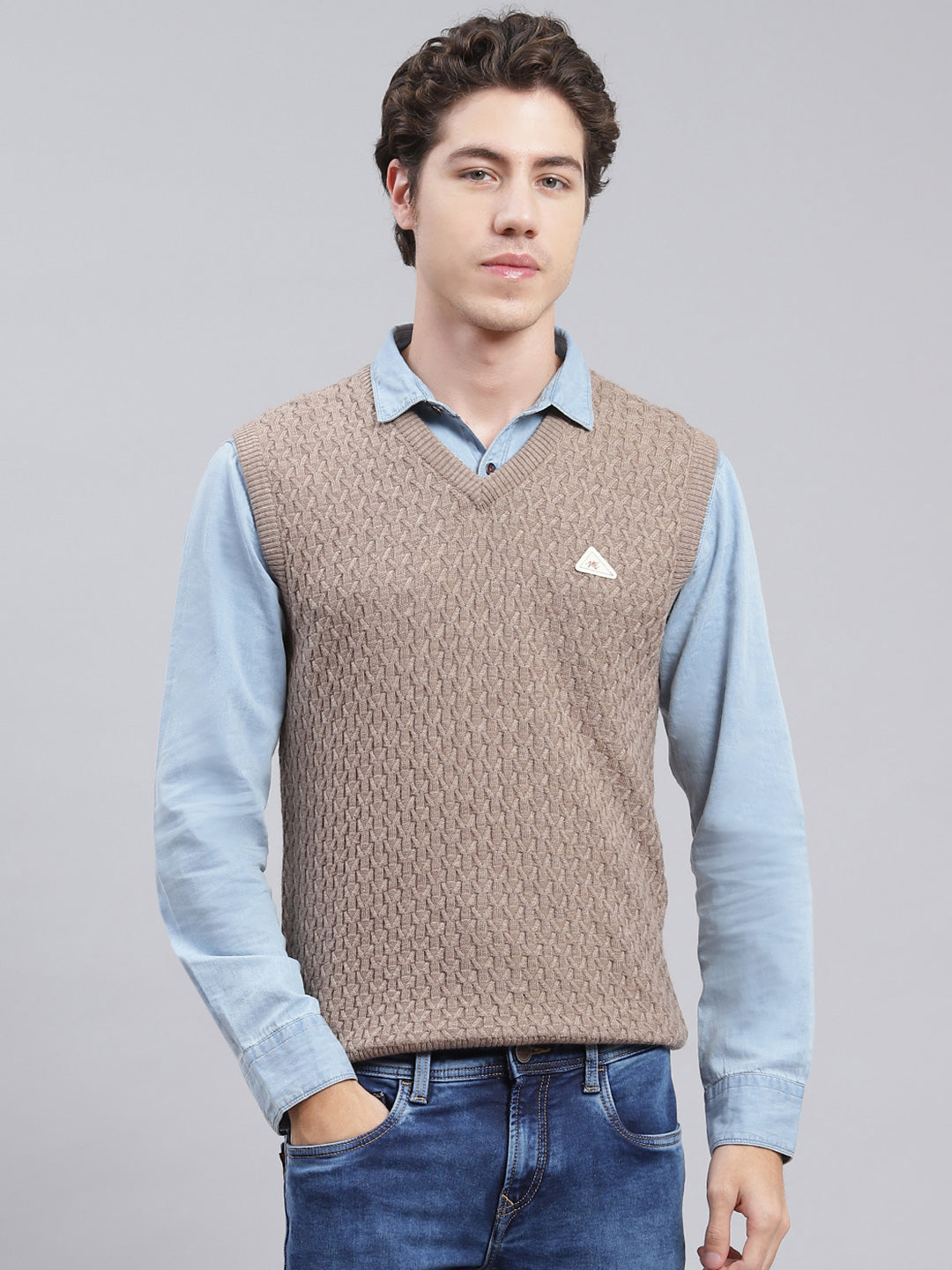 Men Light Brown Self Design Wool blend Sweater