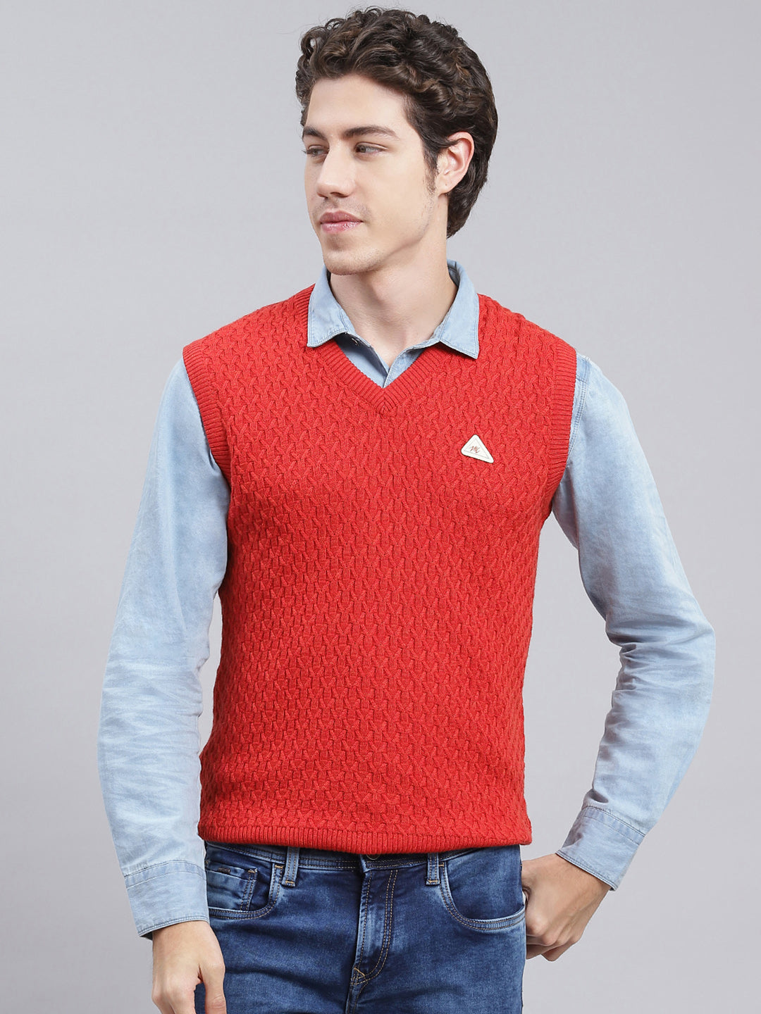 Men Red Self Design Wool blend Sweater