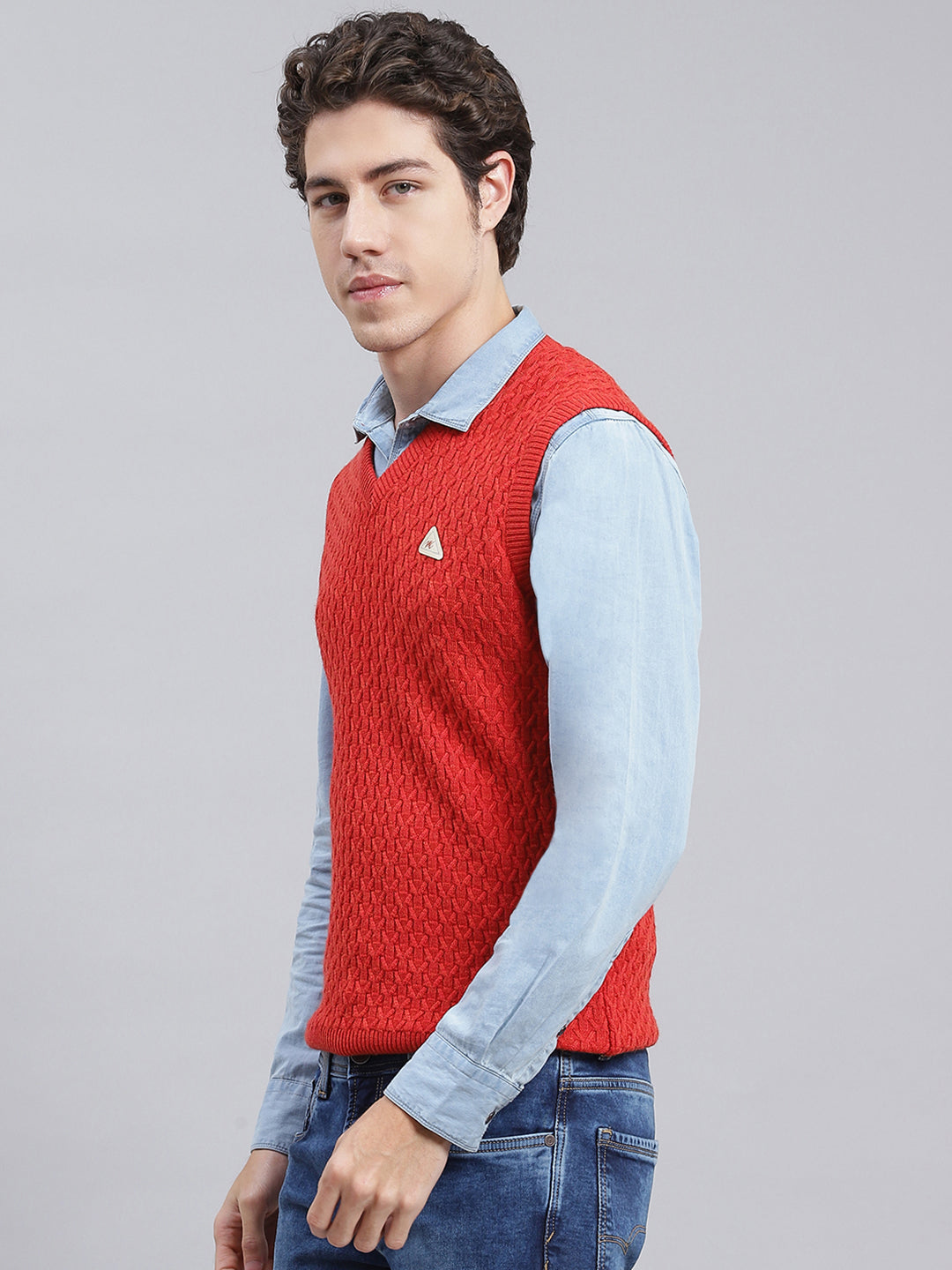 Men Red Self Design Wool blend Sweater