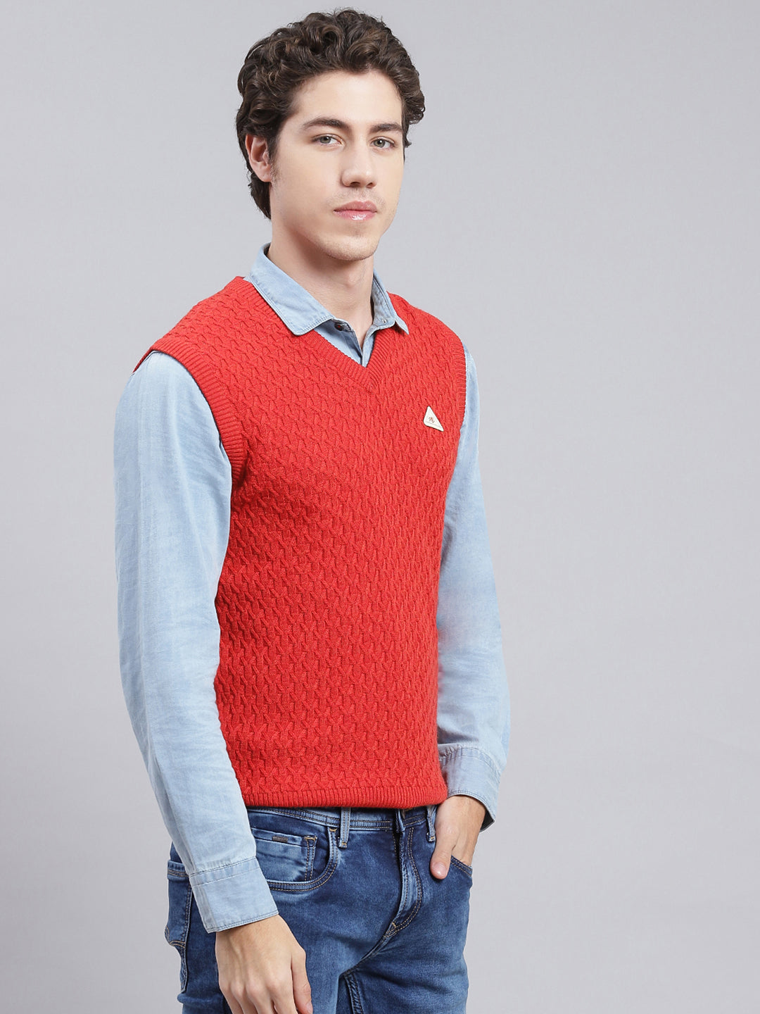 Men Red Self Design Wool blend Sweater