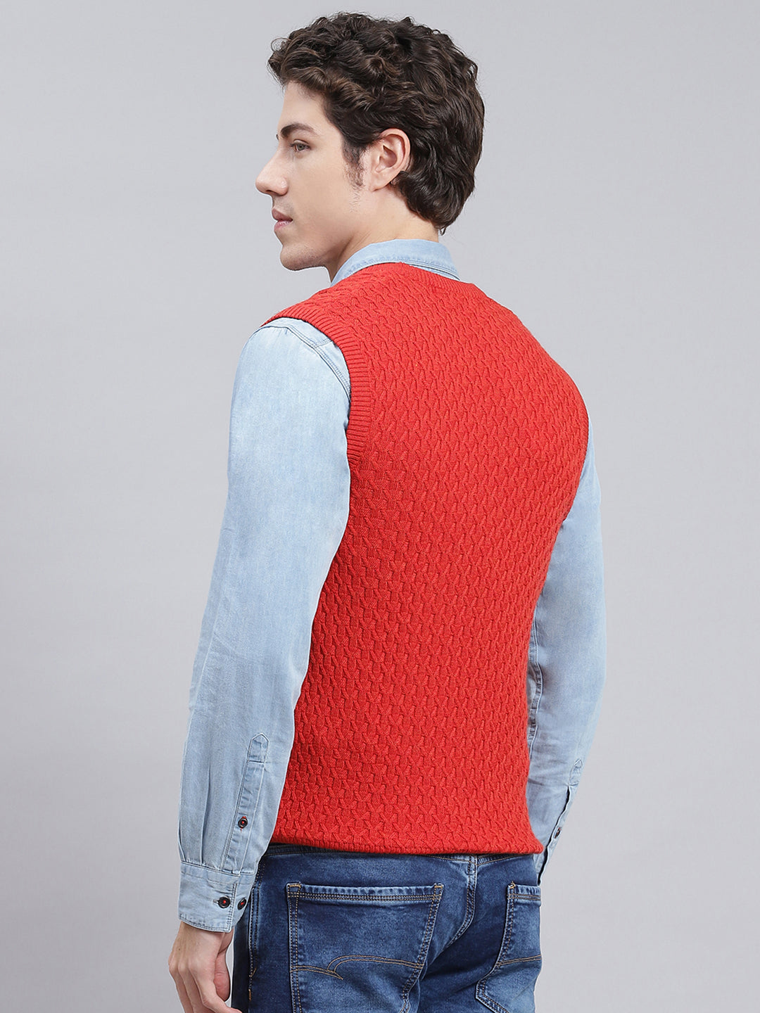 Men Red Self Design Wool blend Sweater