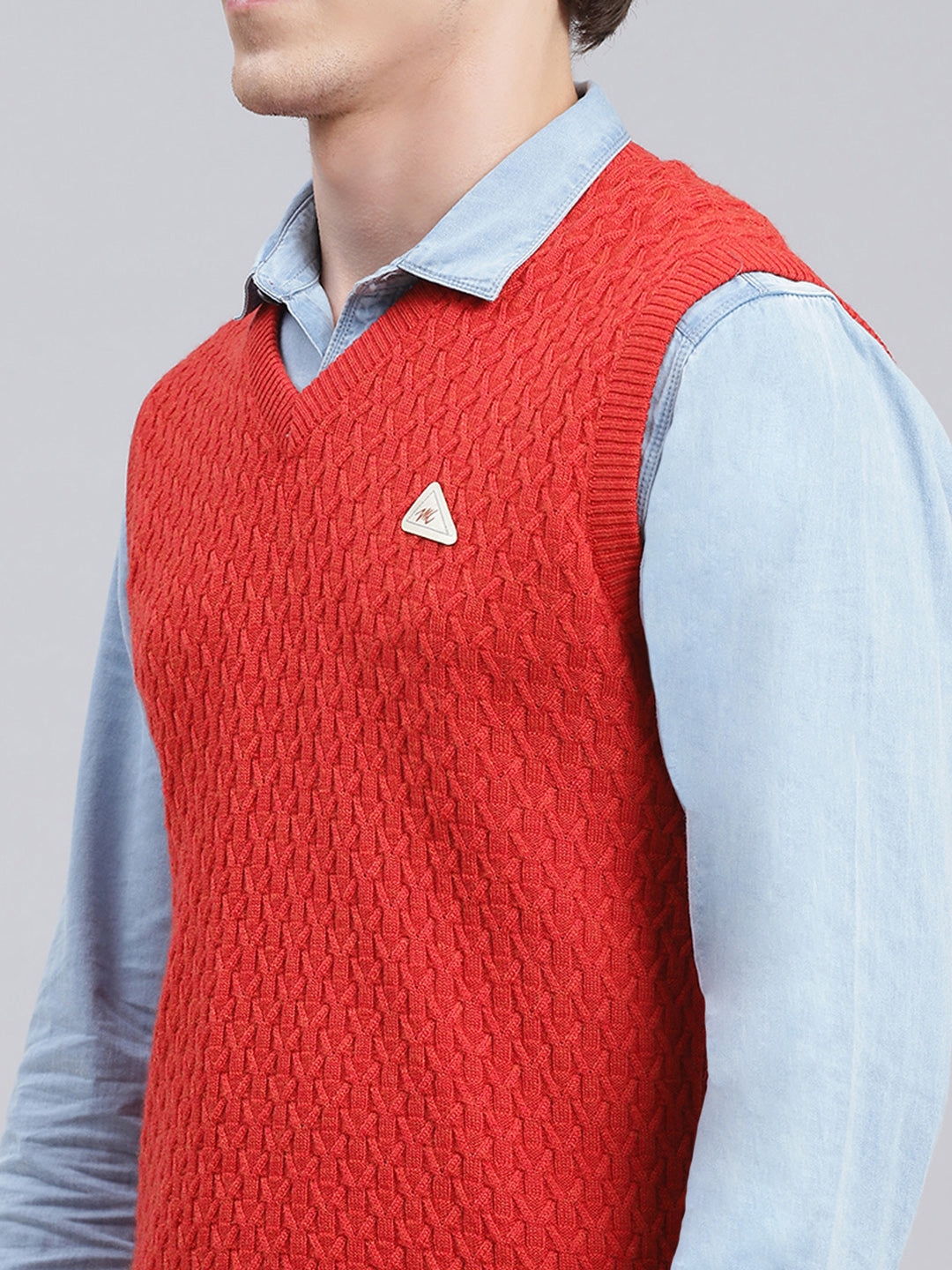 Men Red Self Design Wool blend Sweater