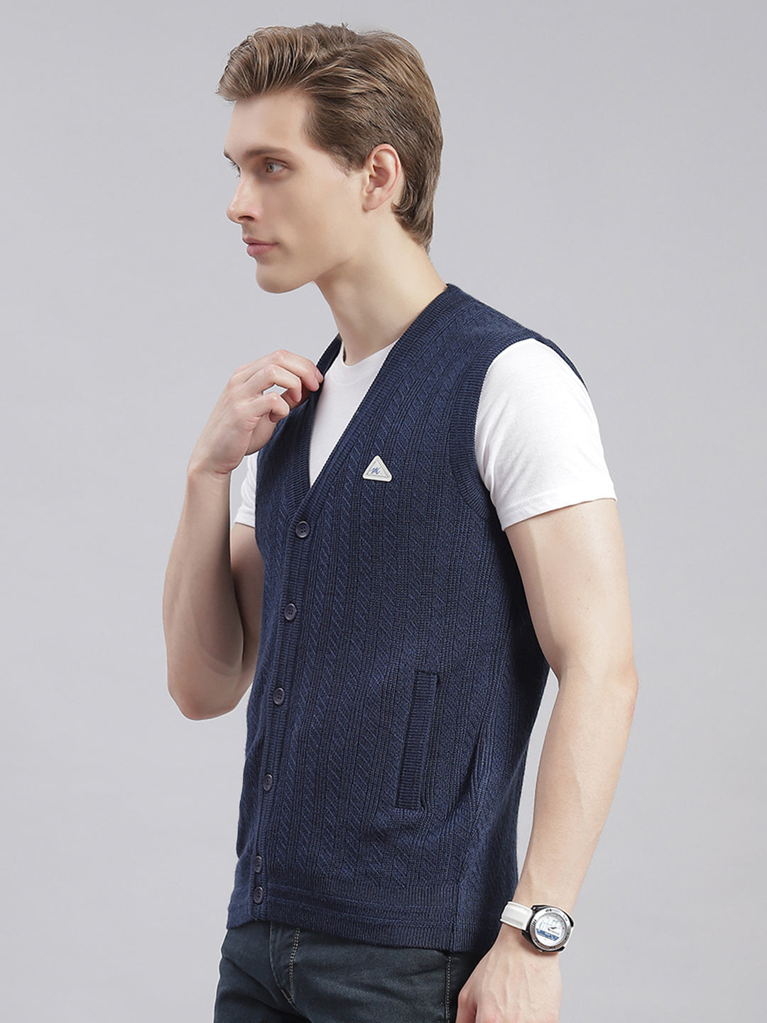 Men Navy Blue Self Design V Neck Sleeveless Cardigans