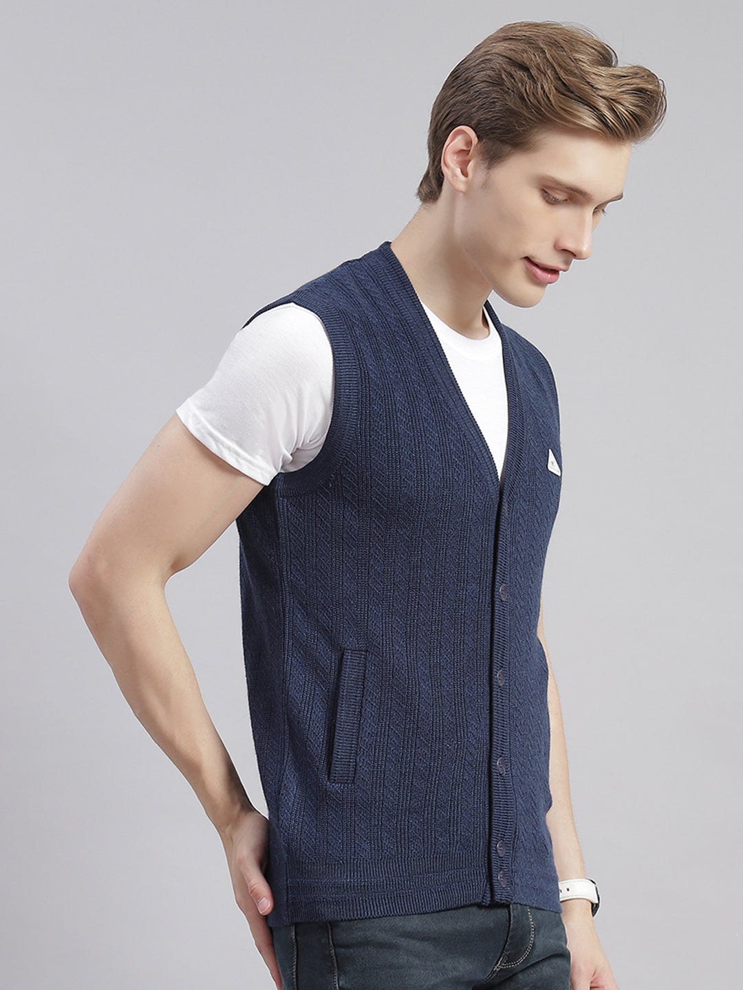 Men Navy Blue Self Design V Neck Sleeveless Cardigans