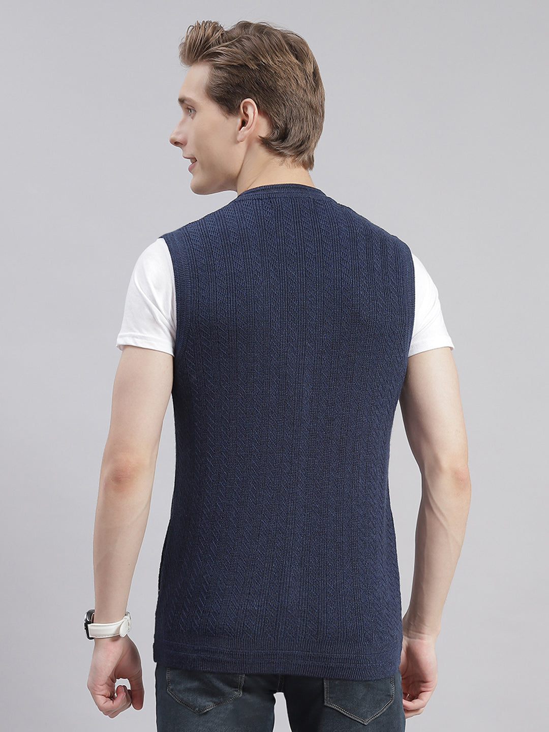 Men Navy Blue Self Design V Neck Sleeveless Cardigans