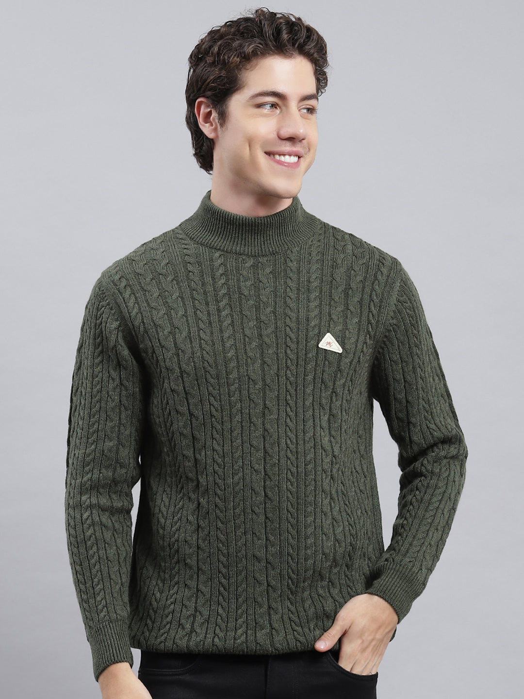 Men Green Self Pullover