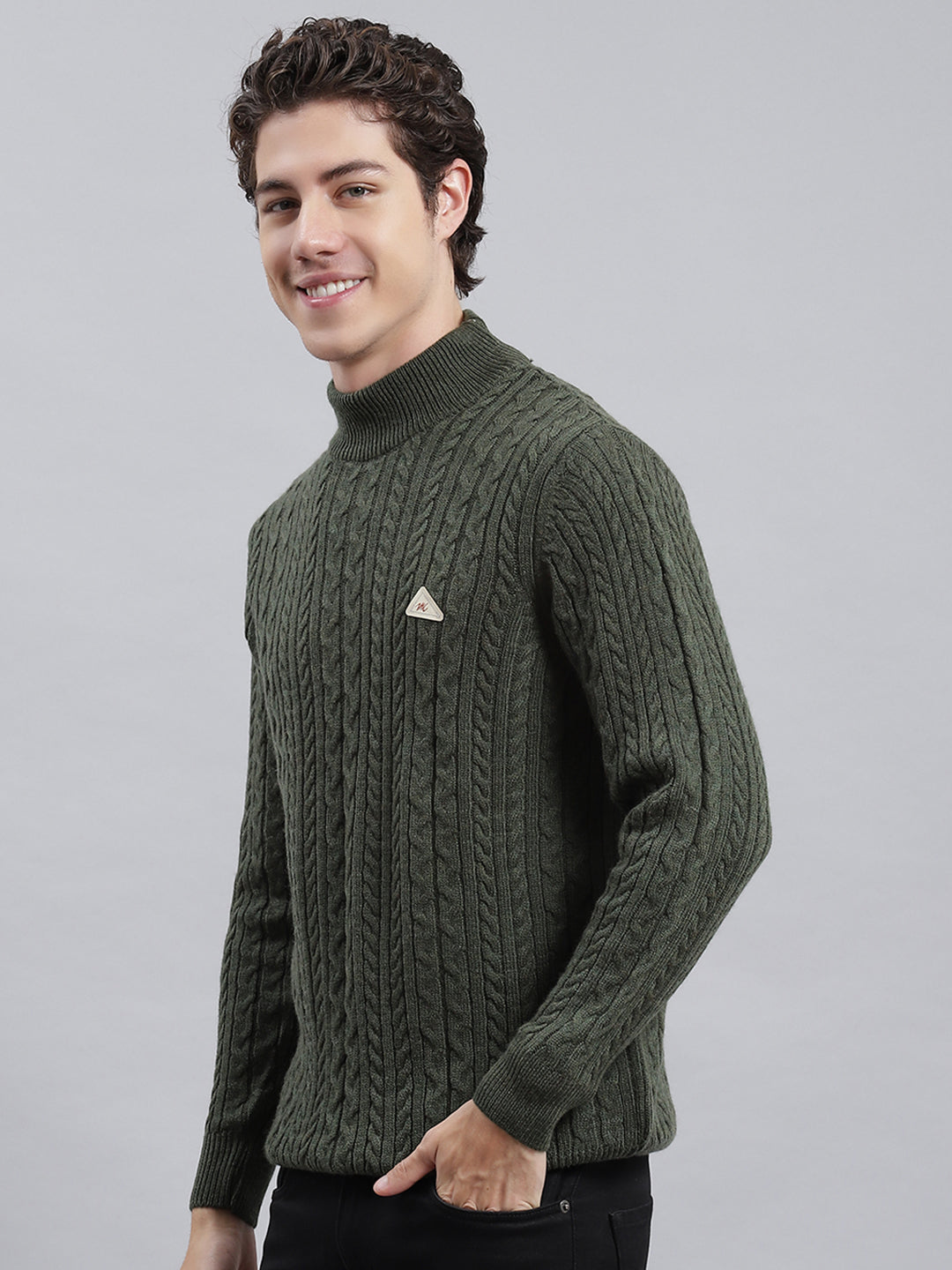 Men Green Self Pullover