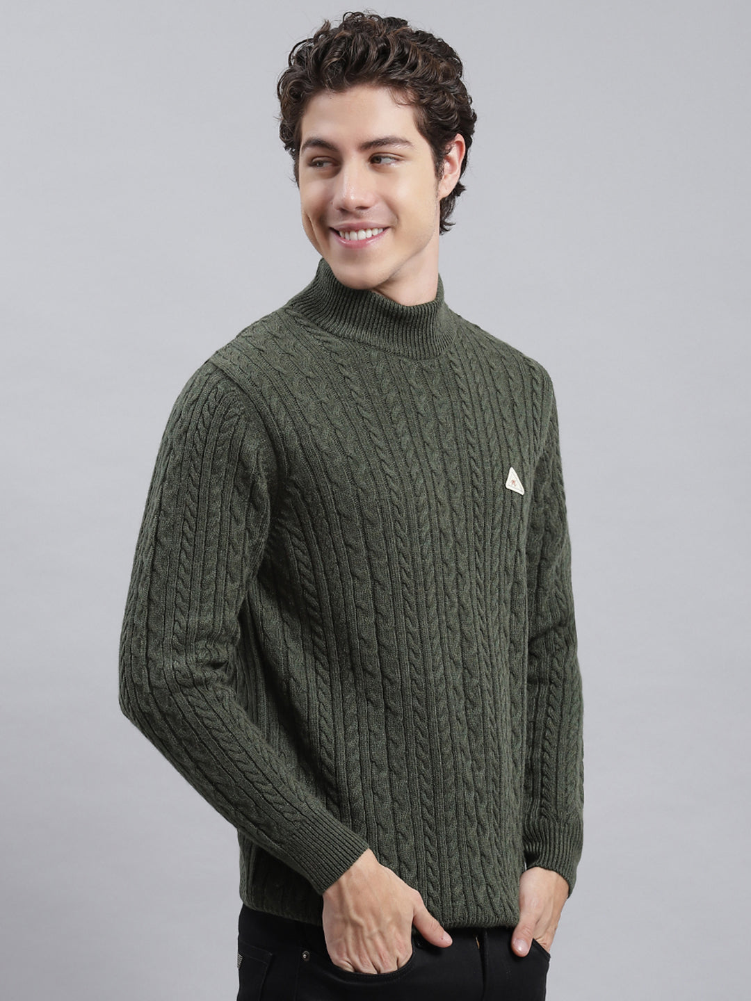 Men Green Self Pullover