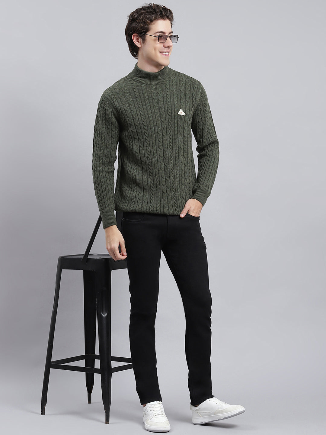 Men Green Self Pullover