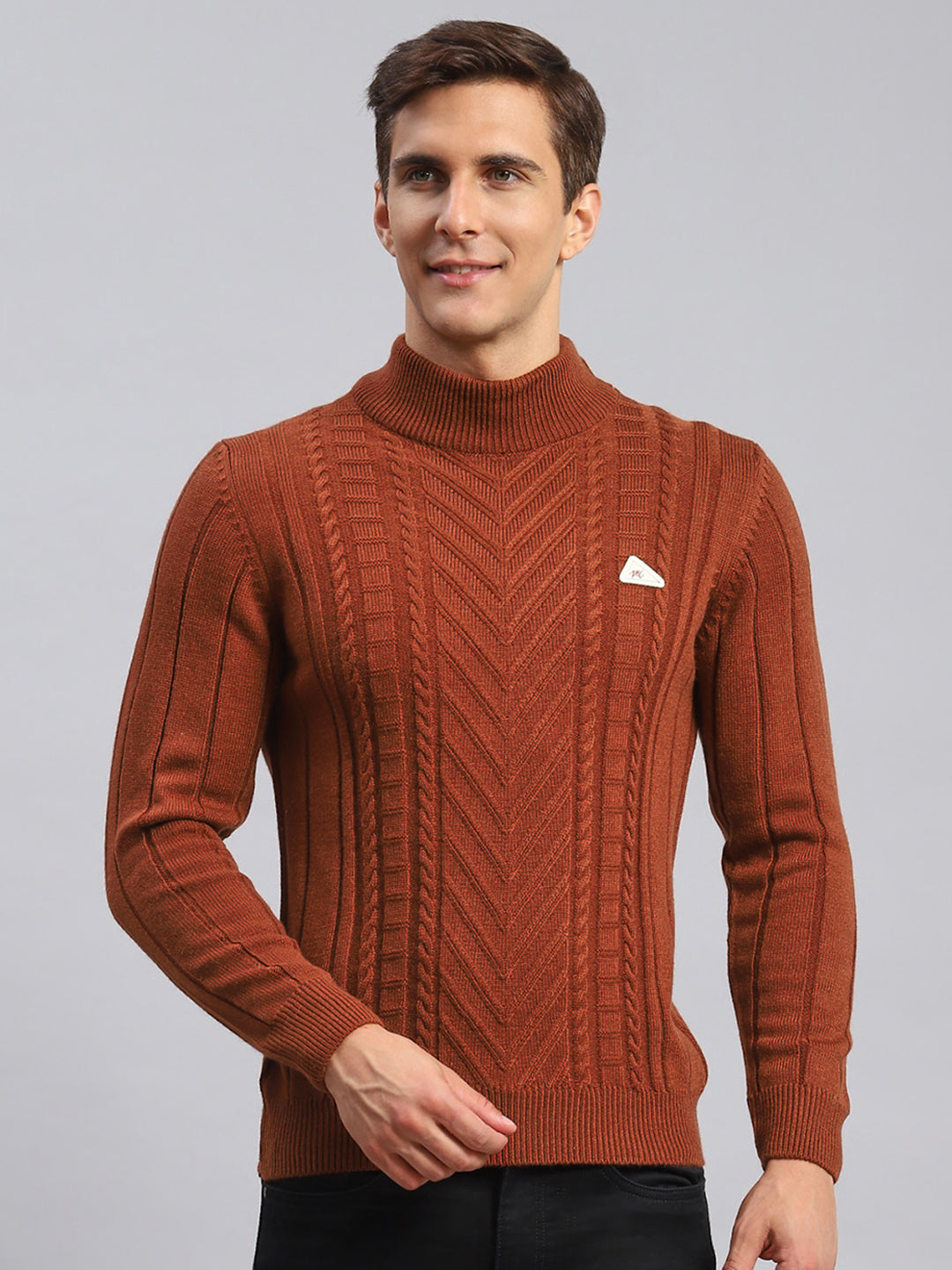 Men Rust Orange Self Design Wool blend Pullover