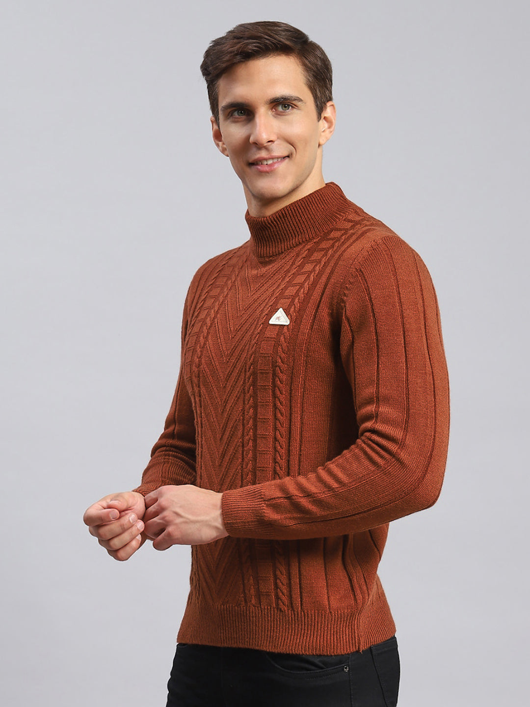 Men Rust Orange Self Design Wool blend Pullover