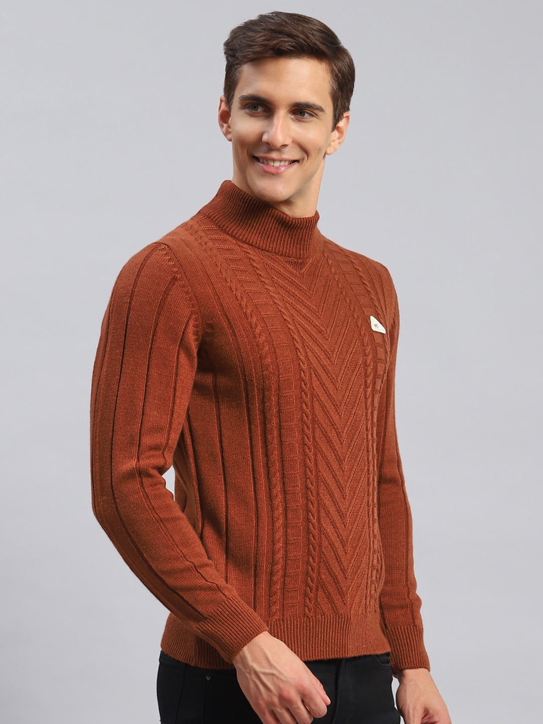 Men Rust Orange Self Design Wool blend Pullover