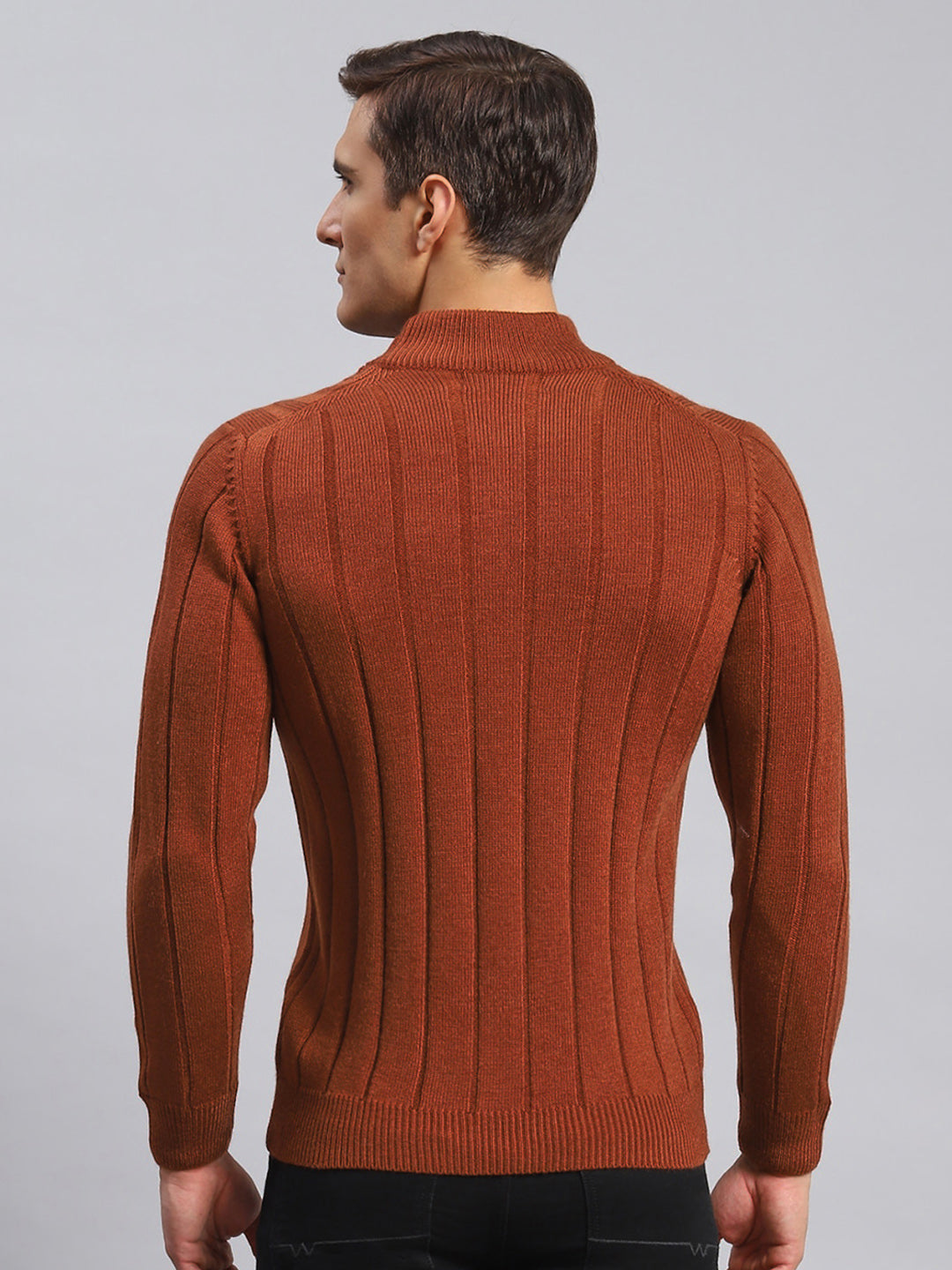 Men Rust Orange Self Design Wool blend Pullover