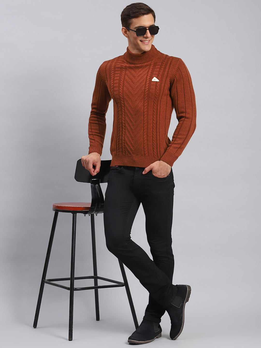 Men Rust Orange Self Design Wool blend Pullover