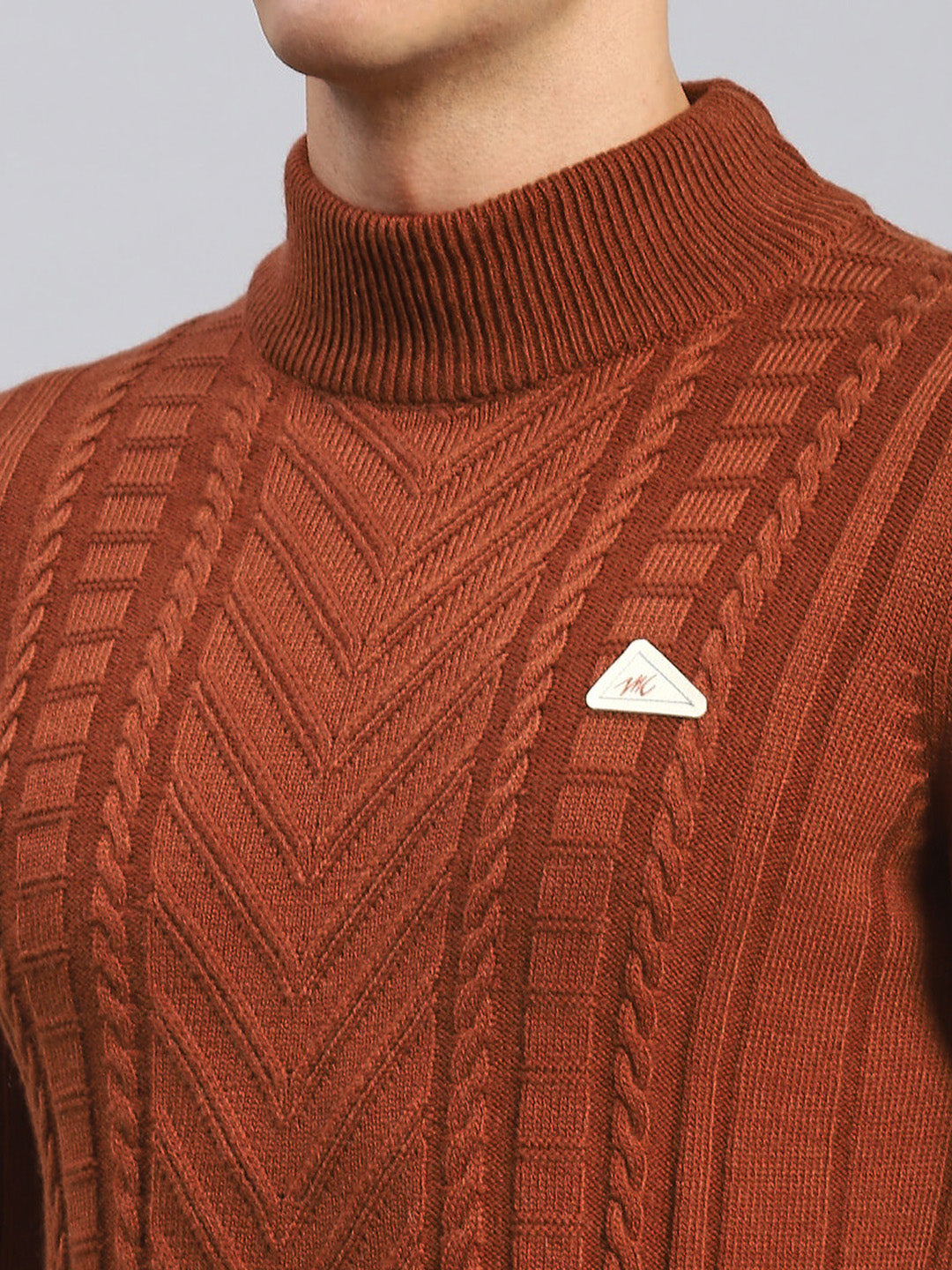 Men Rust Orange Self Design Wool blend Pullover