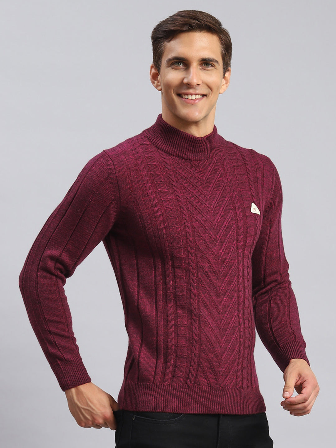 Men Purple Self Design Wool blend Pullover