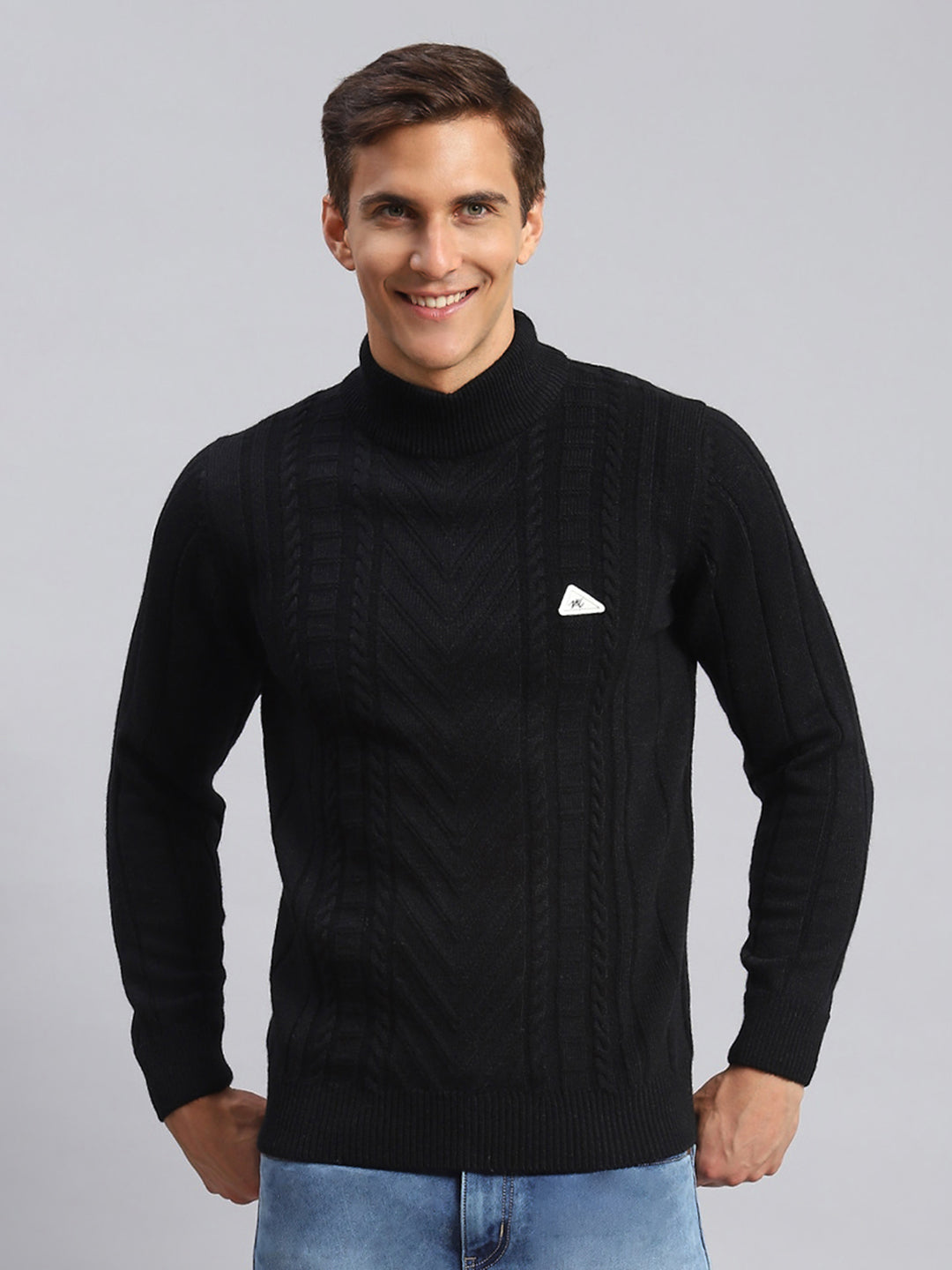 Men Black Self Design Wool blend Pullover