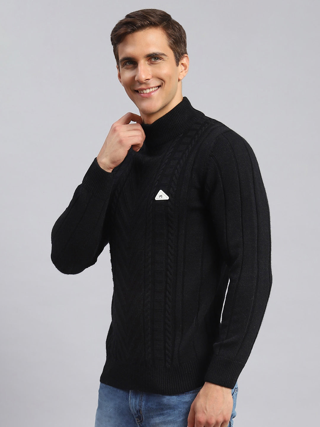 Men Black Self Design Wool blend Pullover