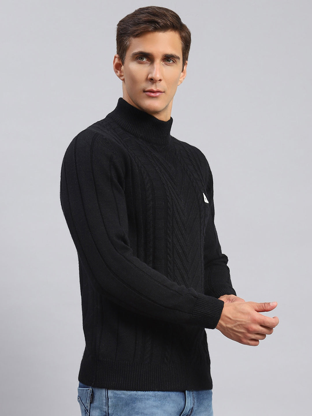 Men Black Self Design Wool blend Pullover