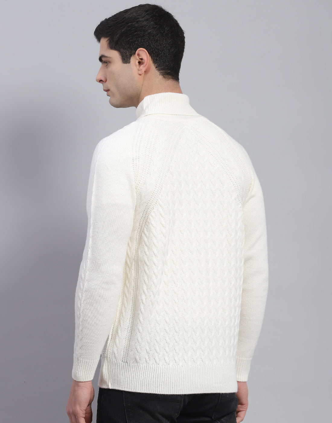 Men White Solid High Neck Full Sleeve Pullover