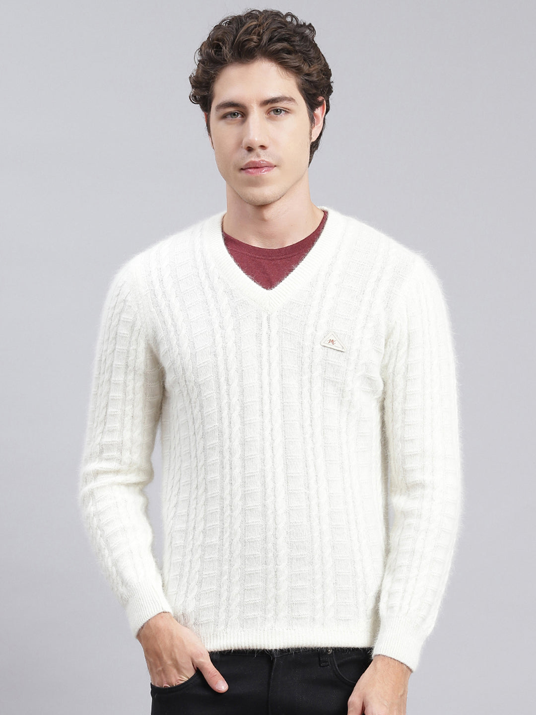 Men Off White Self Design Angoora Pullover