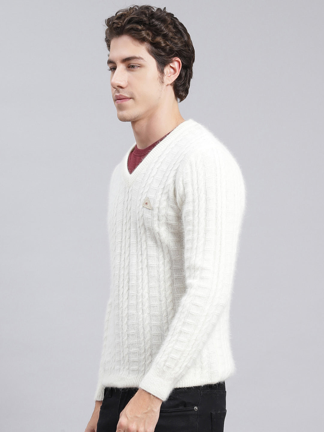 Men Off White Self Design Angoora Pullover