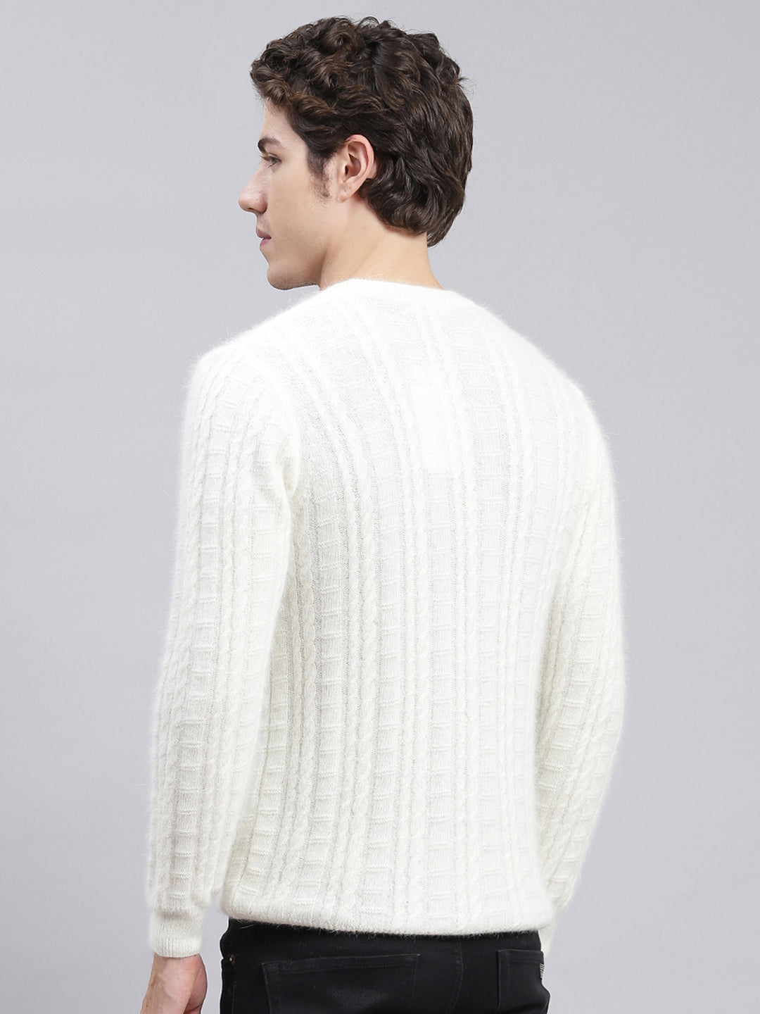 Men Off White Self Design Angoora Pullover