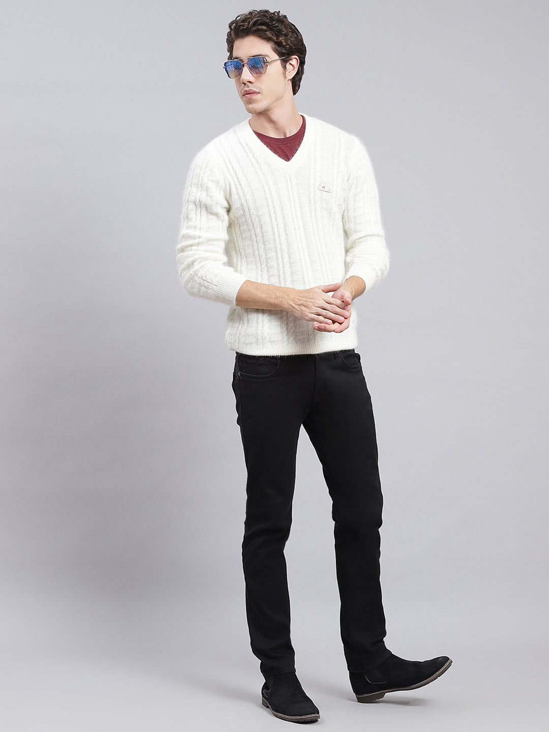 Men Off White Self Design Angoora Pullover