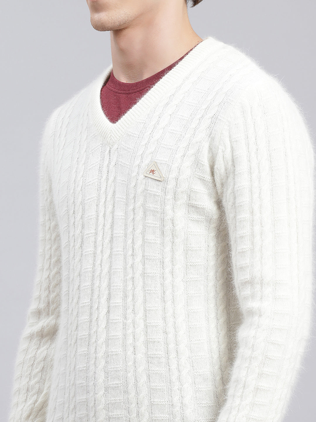 Men Off White Self Design Angoora Pullover