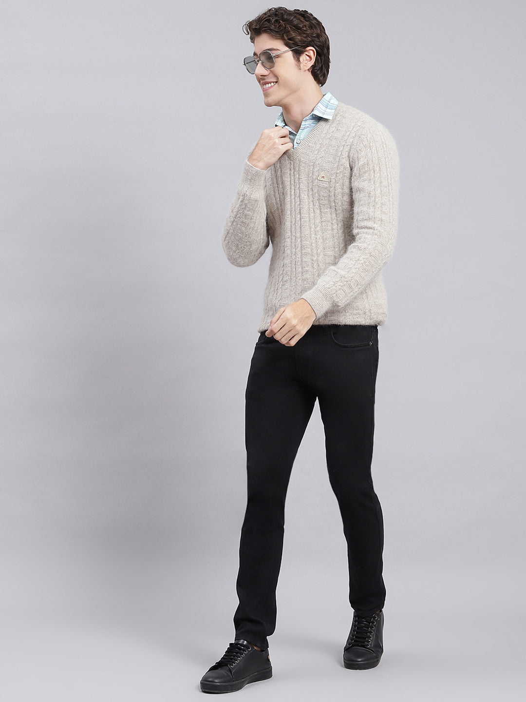 Men Beige Self Design Angoora Pullover