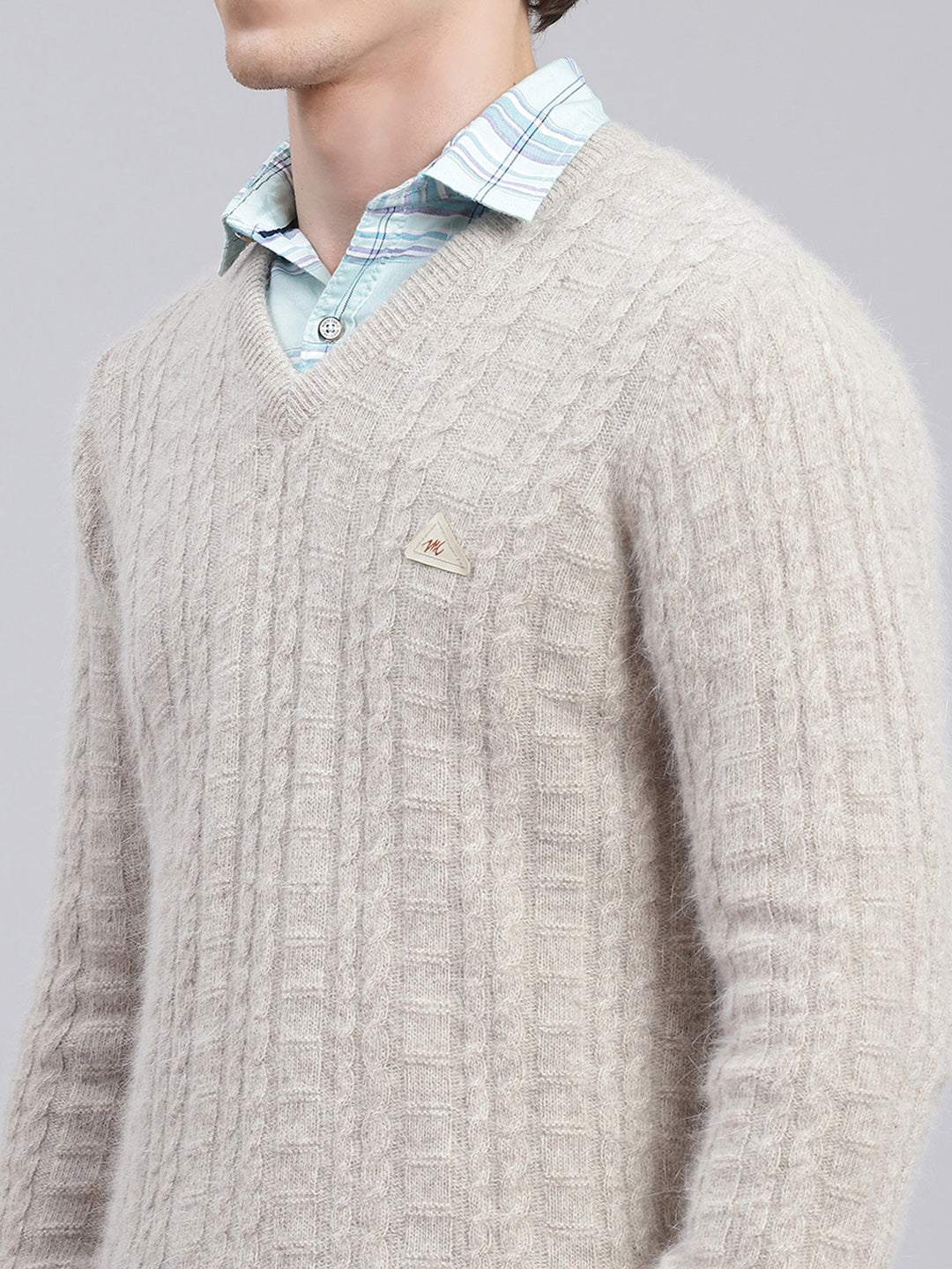 Men Beige Self Design Angoora Pullover