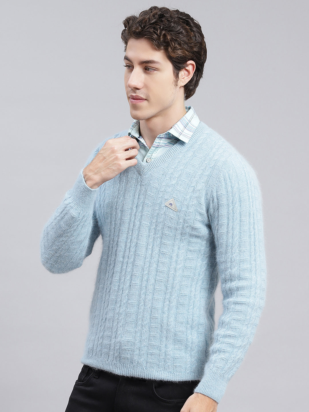 Men Sky Blue Self Design Angoora Pullover