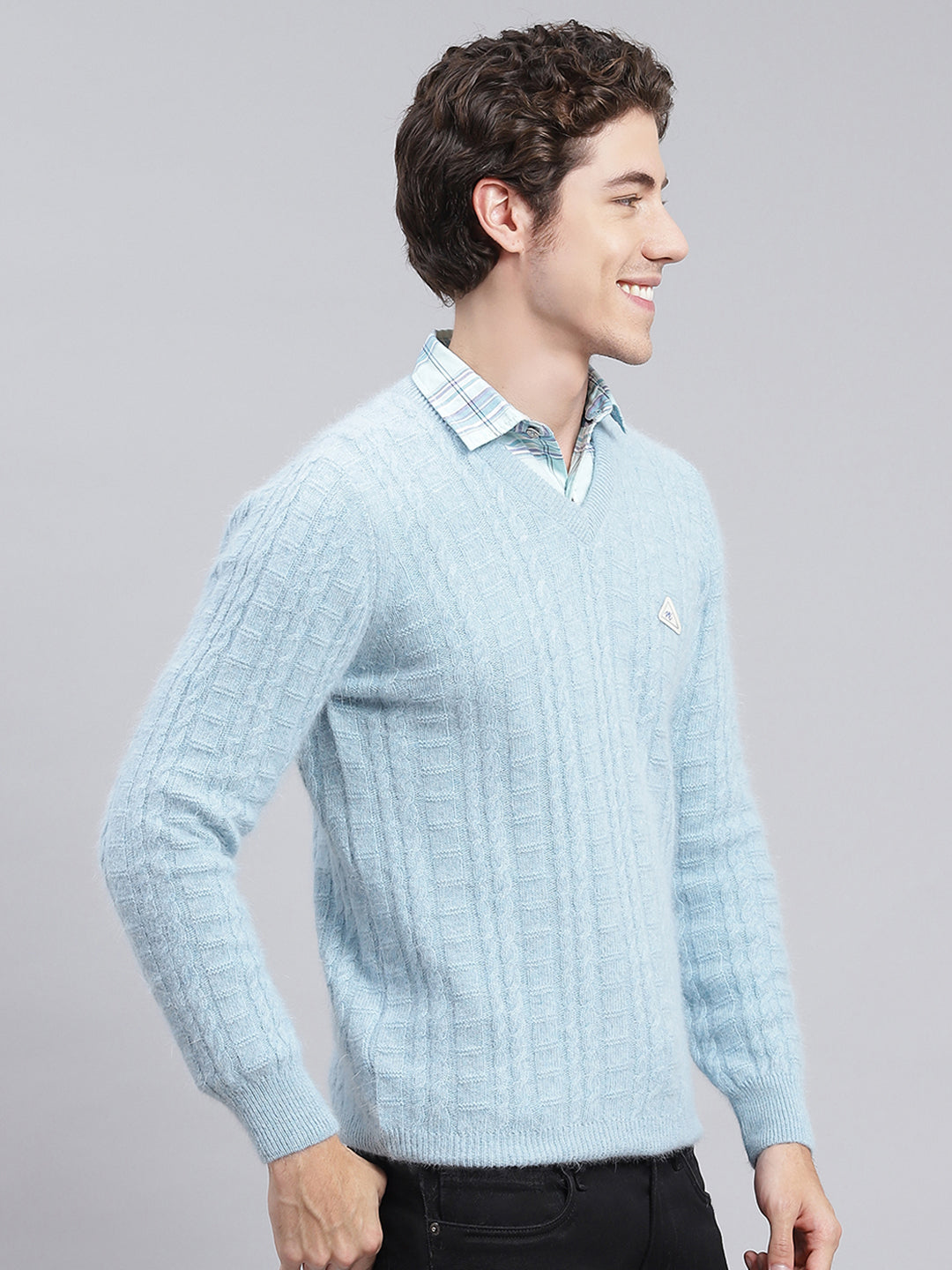 Men Sky Blue Self Design Angoora Pullover