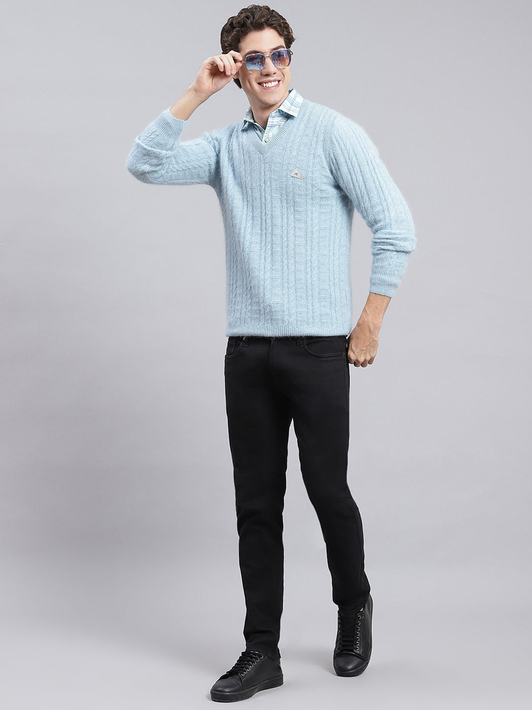 Men Sky Blue Self Design Angoora Pullover