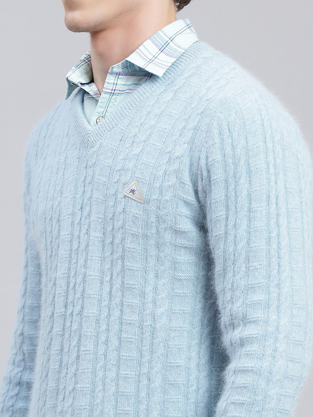 Men Sky Blue Self Design Angoora Pullover