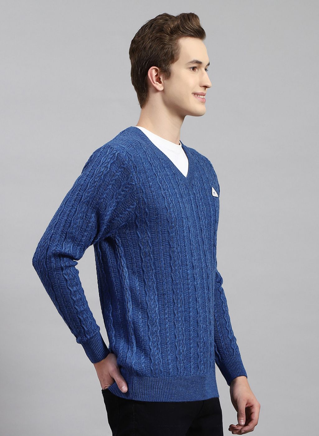 Men Blue Self Design Wool blend Pullover