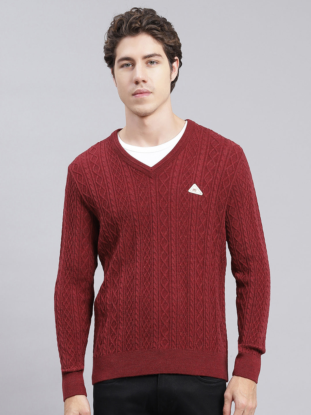 Men Maroon Self Design Wool blend Pullover