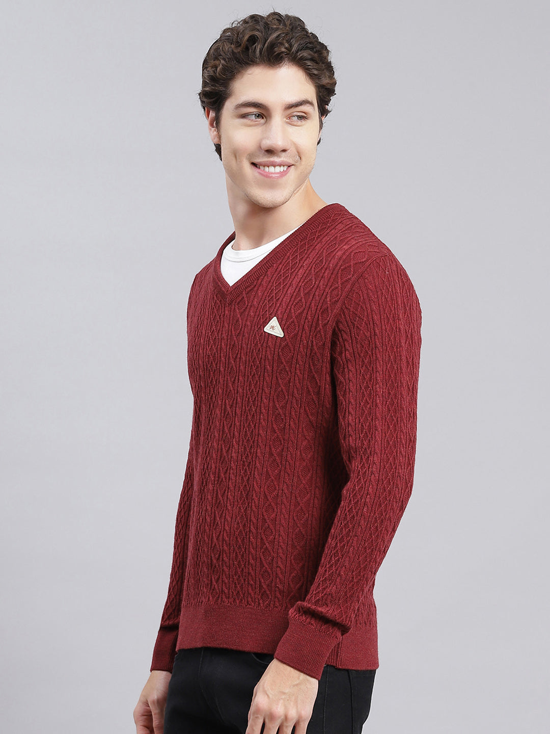 Men Maroon Self Design Wool blend Pullover