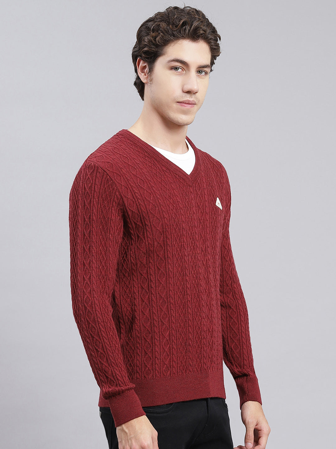 Men Maroon Self Design Wool blend Pullover