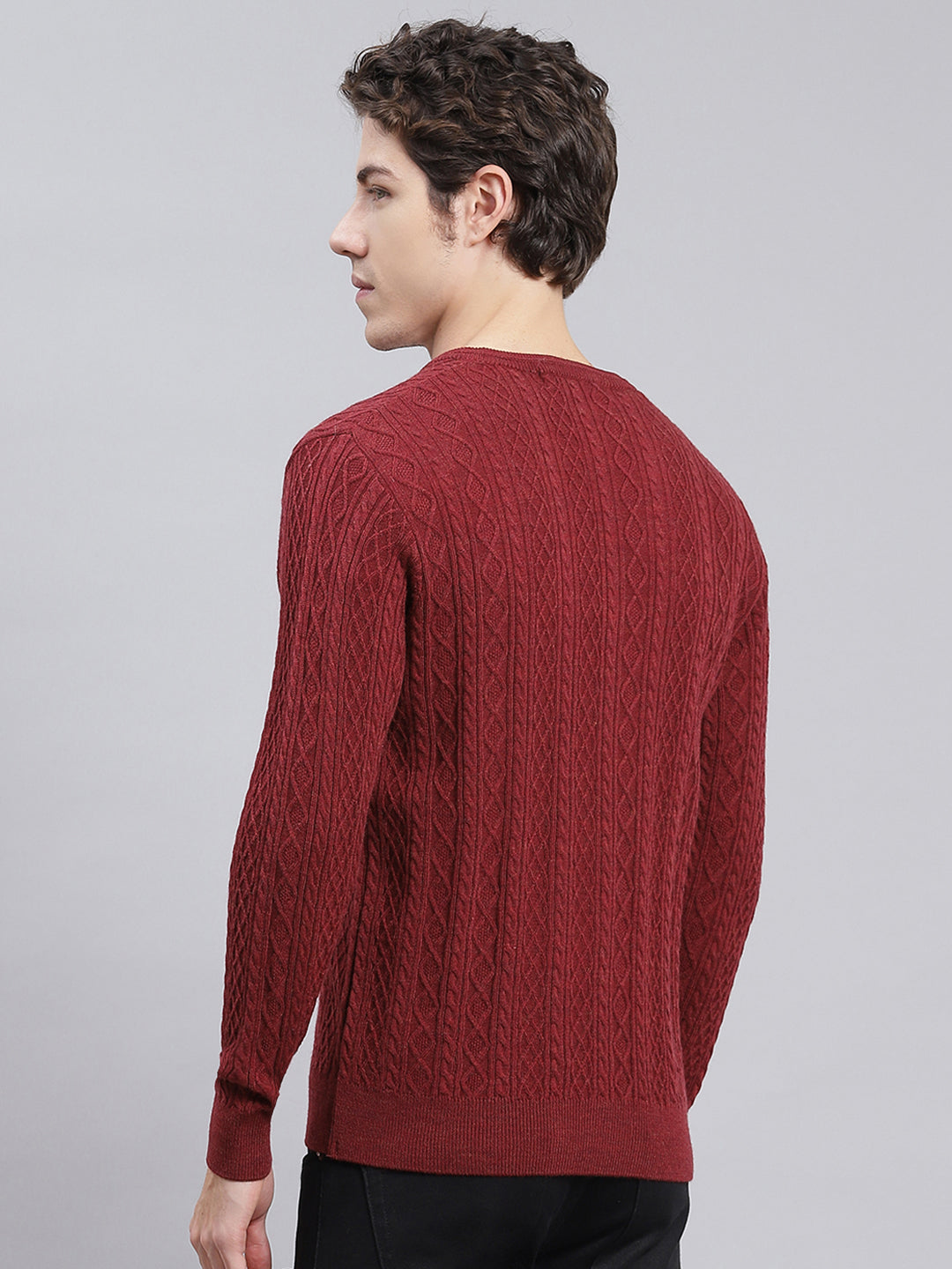 Men Maroon Self Design Wool blend Pullover