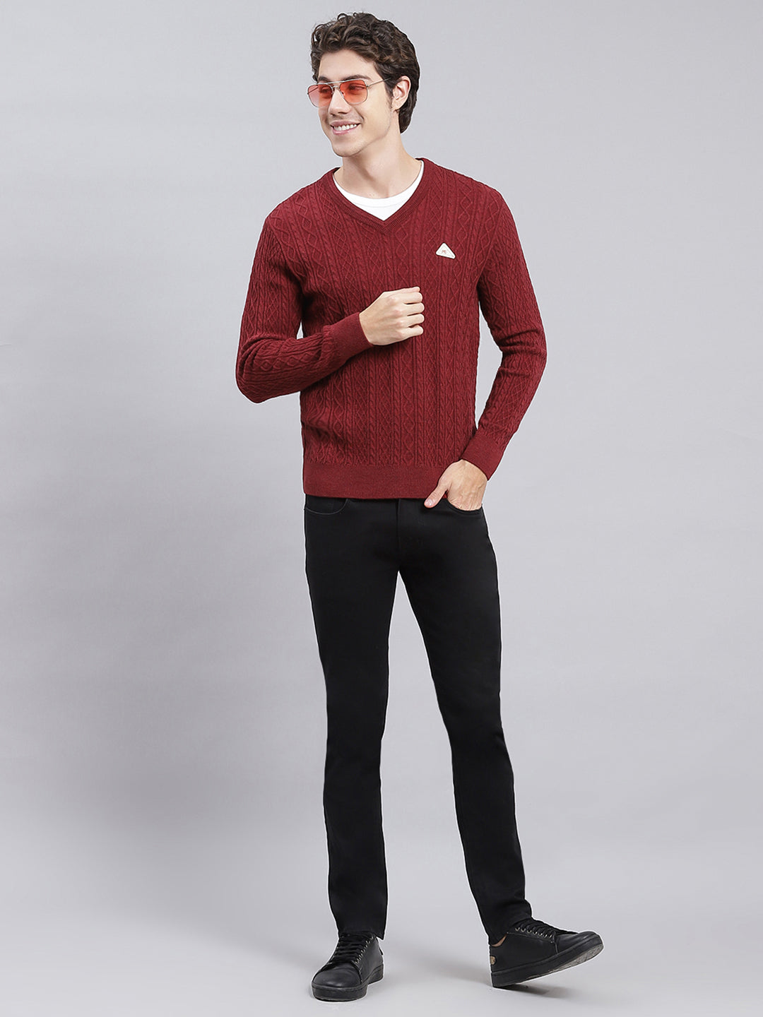 Men Maroon Self Design Wool blend Pullover